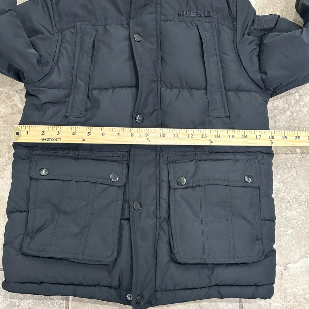 Diesel Kids Black Puffer Parka Jacket Faux Fur Hood Sherpa Lined Size M 10/12